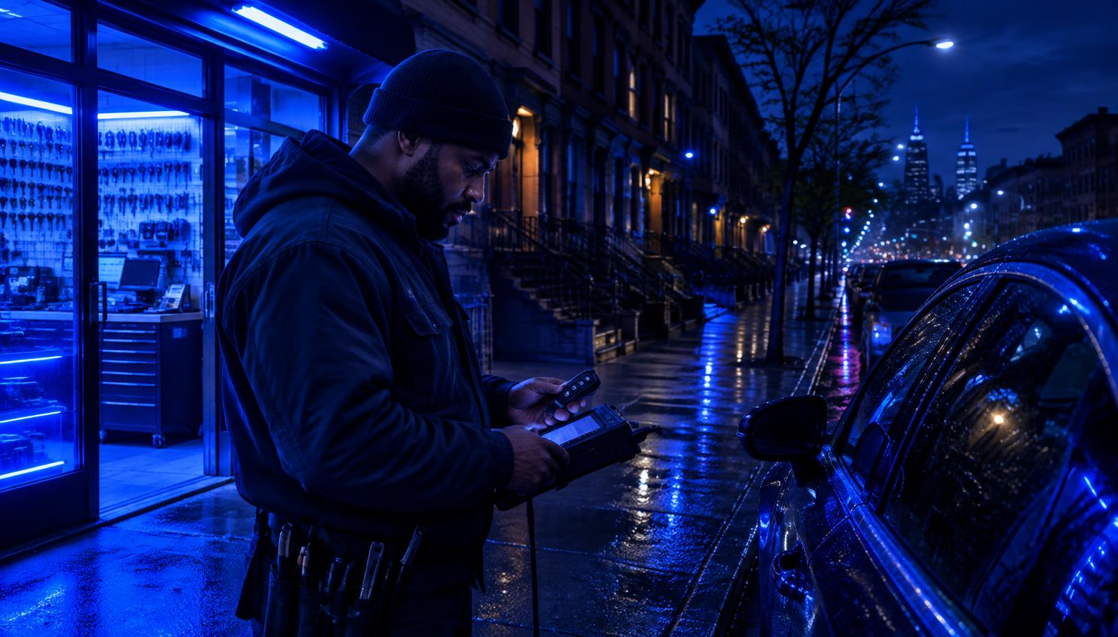 Harlem locksmith programming a car key at night